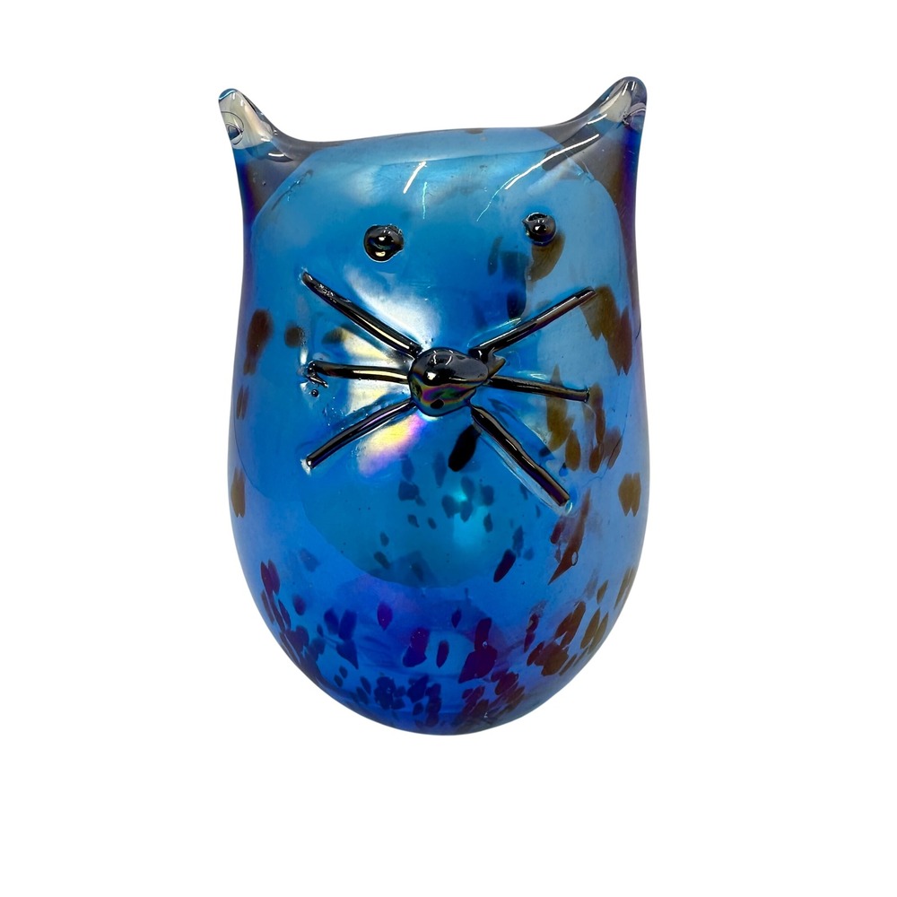 Hand Blown Blue Iridescent Art Glass Cat Figurine Tortoiseshell Speckle Fabrique